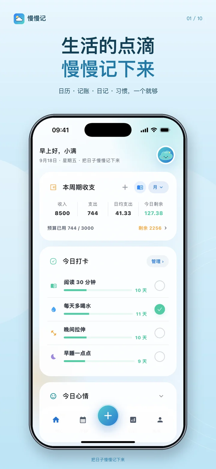 生活的点滴,慢慢记下来。日历 · 记账 · 日记 · 习惯,一个就够